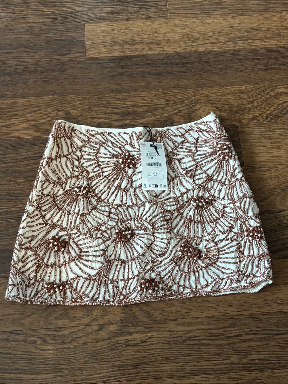 Zara White Skirt with Rose Gold Beaded Floral Overlay